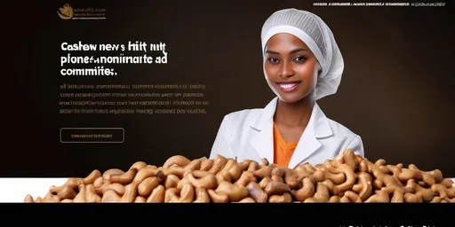 Prompt: Website banner, (cashew nut agro processing company), (lady worker) right aligned photo realistic, (dark background) emphasizing the company's commitment to quality, modern and professional design, clean layout, warm, earthy tones reflecting the essence of cashew nuts, engaging and informative visuals, high resolution.