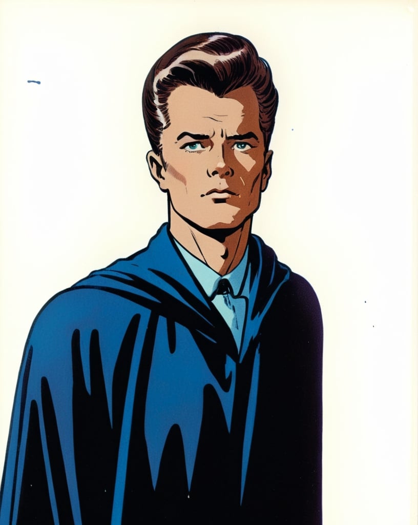 Prompt: Silk screen comic book illustration, male wizard wearing a robed mantle, brown pompadour haircut, pale, 1960s retro futurism