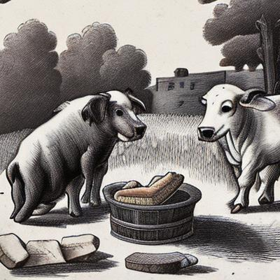 Prompt: dog and cow eating bread in a farm in a old book style
