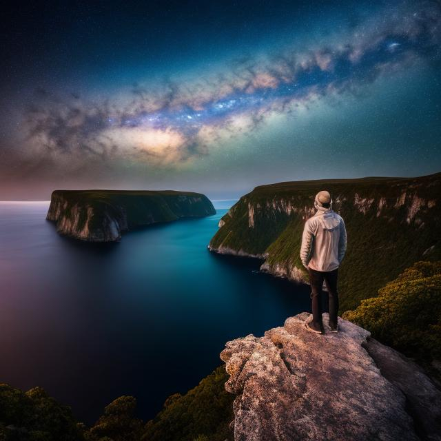 Prompt: Natural, dramatic, 4k, uhd, smooth, realistic, ultra realistic, a man standing on the edge of cliff, watching the milky way, surrounded by mystic aura