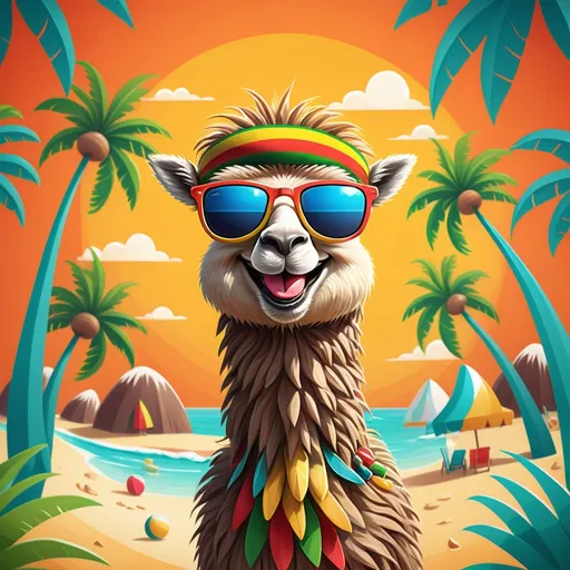 Prompt: (bahama lama ), rasta colors, fun and playful atmosphere, whimsical style, tropical background with palm trees and bright sun, expressive character featuring sunglasses smiling face, cartoonish proportions, detailed fur texture, friendly and cheerful demeanor, high quality, ultra-detailed, lively composition capturing the joy of a tropical beach vibe, suitable for children's illustrations.