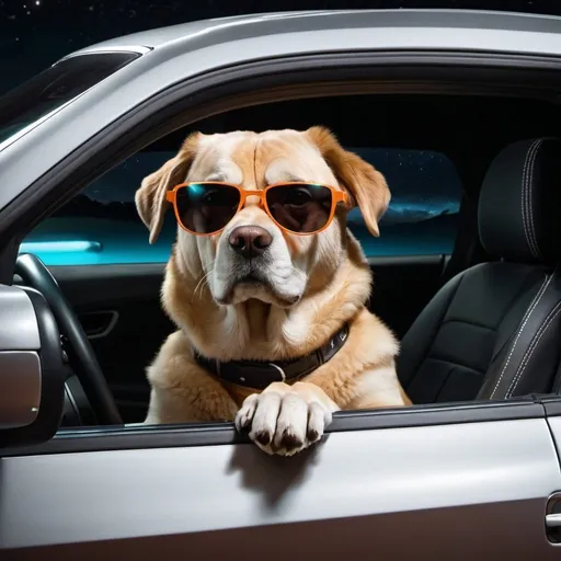 Prompt: A buff dog driving a car with shades on at night time inside a dodge challenger