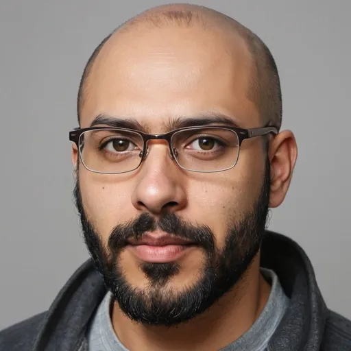 Prompt: An almost bald, husky, brown Pakistan American male with beard and glasses
