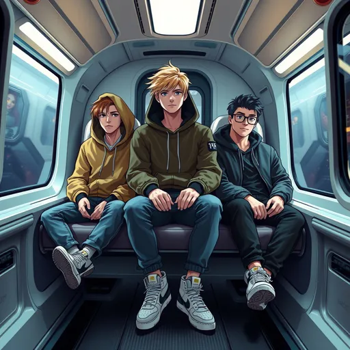 Prompt: 3 15 year old boys, one blonde, handsome, messy hair, wearing a hoodie, jeans and nike shoes, two others, black hair, one chunky, one skinny with glasses, sitting on a futuristic bullet train in space