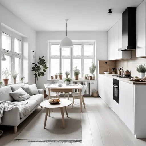 Prompt: A kitchen with a living room integrate all white with a Scandinavian style