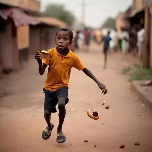 Prompt: a black boy running away with a bread
