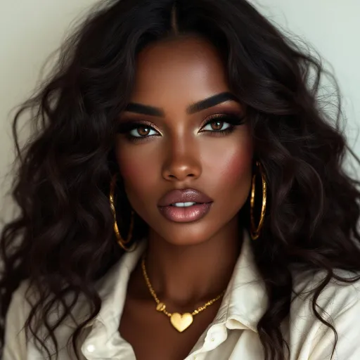Prompt: exotic looking brown skinned woman with dark brown long soft locks with gold hair jewerly, mysterious deep slanted brown eyes, full lips, dimples, wearing a cream shirt, a small gold double heart necklace, big gold hoop earrings and a white background 
