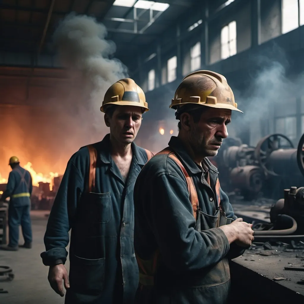 Prompt: (broken down workers in a factory), (sad expressions), (smoke and fire in the background), dim lighting, (industrial setting), (grimy and worn-out machines), somber atmosphere, muted colors, high contrast, (4K), conveying despair and despairing moments in everyday labor, depicting the struggle and exhaustion of factory life.