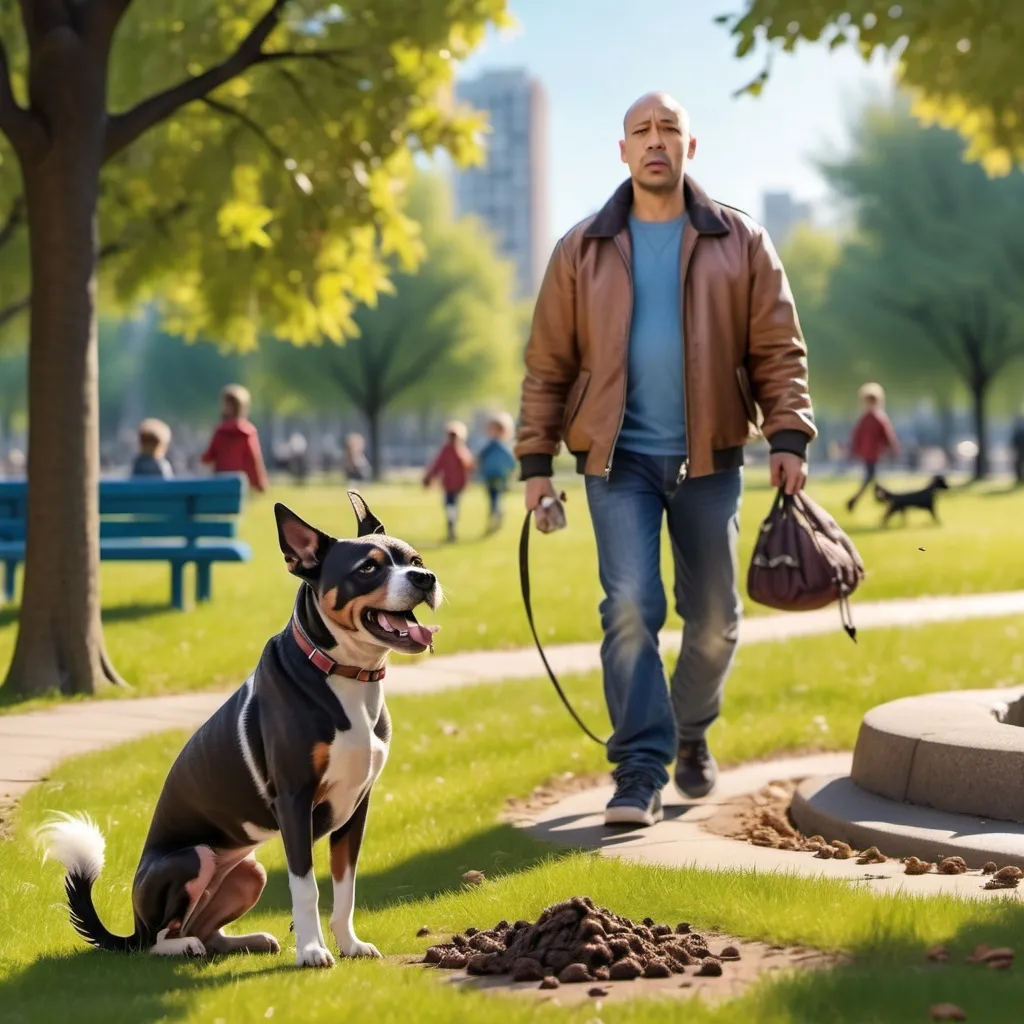 Prompt: A picture of an annoying looking 45y/o man. The man walks with his dog in the park.  the dog poops Infront of him, you can see a pile of fresh steamy poop. the person ignores it and does not pick up the poop.  there is a clear sign in the background saying to "pick up after your dog". show the dog poops in action.  In the background is a playground and children playing. One child discovers that he has stepped on dog poop and is crying.
dog poop on the ground everywhere  
