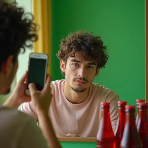 Prompt: In a vibrant green-walled setting, a young man with curly hair gazes thoughtfully into a mirror, capturing his reflection with a smartphone held in one hand. He wears a soft pink shirt, adding a warm contrast to the vivid surroundings, while his subtle expression suggests a moment of introspection. The placement of various bottles with red caps in the foreground adds depth to the composition, drawing the viewer's eye towards the subjects. The overall atmosphere is a blend of casual familiarity and quiet contemplation, enhanced by the soft lighting that washes over the scene, creating an inviting and intimate mood.