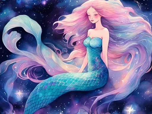 Prompt: a mermaid swimming through space, her tail formed out of the sparkling stardust scales, her hair formed out of a glowing, colorful nebula. she is surrounded by cosmic jellyfish. 