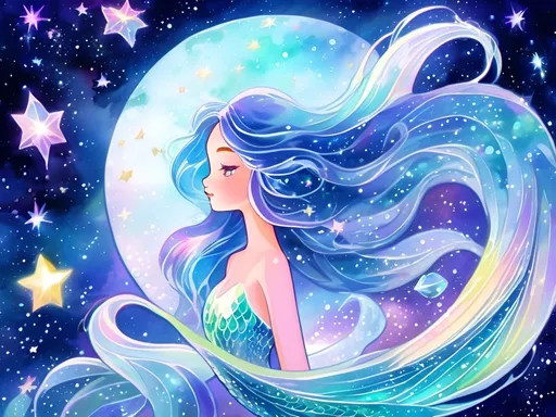 Prompt: a mermaid swimming through space, her tail formed out of the sparkling stardust scales, her hair formed out of a glowing, colorful nebula. she is surrounded by cosmic jellyfish. 