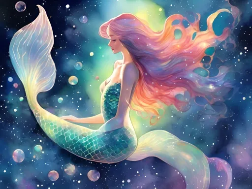 Prompt: a mermaid swimming through space, her tail formed out of the sparkling stardust scales, her hair formed out of a glowing, colorful nebula. she is surrounded by cosmic jellyfish. 