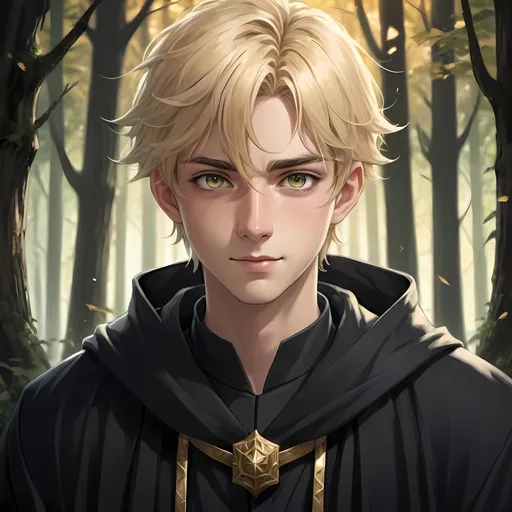 Prompt: Anime illustration of a young male wizard in black robes, detailed face, gold eyes, slim, short, pretty, blonde hair, staff, dark forest background, detailed eyes, concerned, detailed face, feminine, heroic, smiling, atmospheric lighting, detailed, warm tones, highres, ultra-detailed, anime, fantasy, short hair, clean shaven