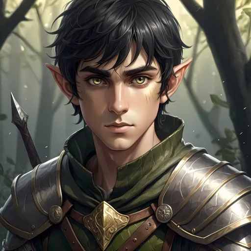 Prompt: Anime illustration of a young male elf hunter in scale mail, olive skin, gold eyes, detailed face, slim, short, pretty, black hair, gray eyes, heroic, front facing, highres, ultra-detailed, anime, fantasy, cool tones, detailed eyes, dark and mysterious, atmospheric lighting
