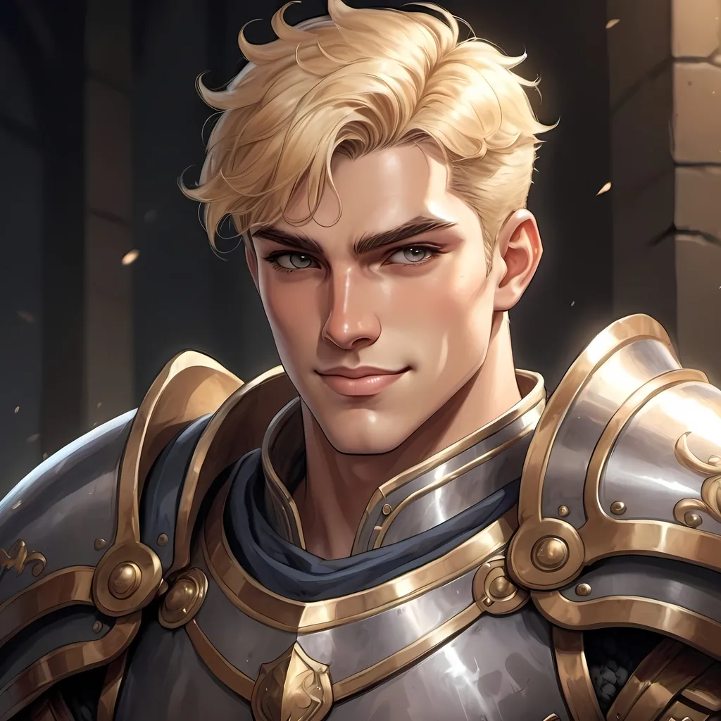 Prompt: anime illustration of tall, muscular, stocky young human male paladin, confident smile, large chin, defined jawline, blonde pompadour, anime, detailed, confident expression, strong features, cool tones, fantasy, detailed armor, atmospheric lighting, high quality