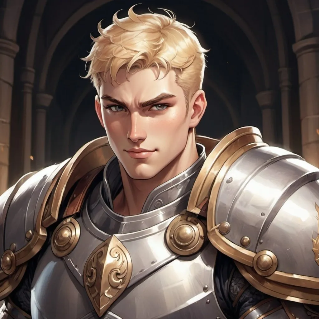 Prompt: anime illustration of tall, muscular, stocky young human male paladin, confident smile, large chin, defined jawline, wideset, blonde pompadour, anime, detailed, confident expression, strong features, cool tones, fantasy, detailed armor, atmospheric lighting, high quality