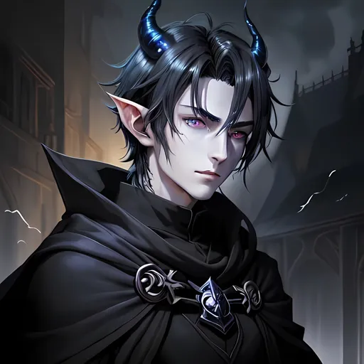 Prompt: Anime illustration of a young male tiefling warlock in black robes, blueish skin, and gray eyes, detailed face, slim, short, pretty, black hair, gray eyes, detailed face, heroic, horns, front facing, highres, ultra-detailed, anime, fantasy, cool tones, detailed eyes, dark and mysterious, atmospheric lighting