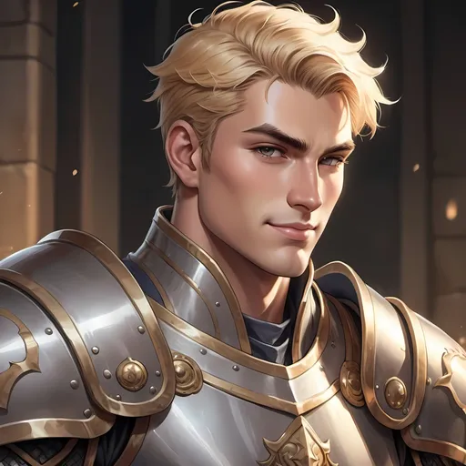 Prompt: anime illustration of tall, muscular, stocky young human male paladin, confident smile, large chin, defined jawline, wideset, blonde pompadour, anime, detailed, confident expression, strong features, cool tones, fantasy, detailed armor, atmospheric lighting, high quality