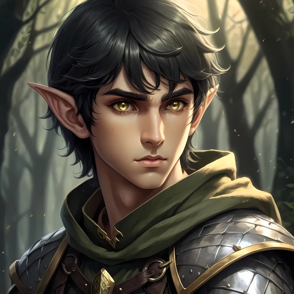 Anime illustration of a young male elf hunter in sca...