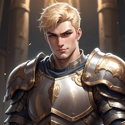 Prompt: anime illustration of tall, muscular, stocky young human male paladin, confident smile, large chin, defined jawline, wideset, blonde pompadour, anime, detailed, confident expression, strong features, cool tones, fantasy, detailed armor, atmospheric lighting, high quality