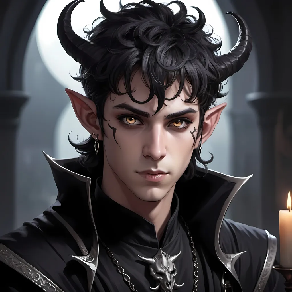 Prompt: Anime illustration of a young male tiefling warlock, detailed face, black robes, black eye makeup, light skin, gray eyes, slim, short, pretty, black hair, detailed face, heroic, horns, highres, ultra-detailed, anime, fantasy, cool tones, detailed eyes, professional, atmospheric lighting