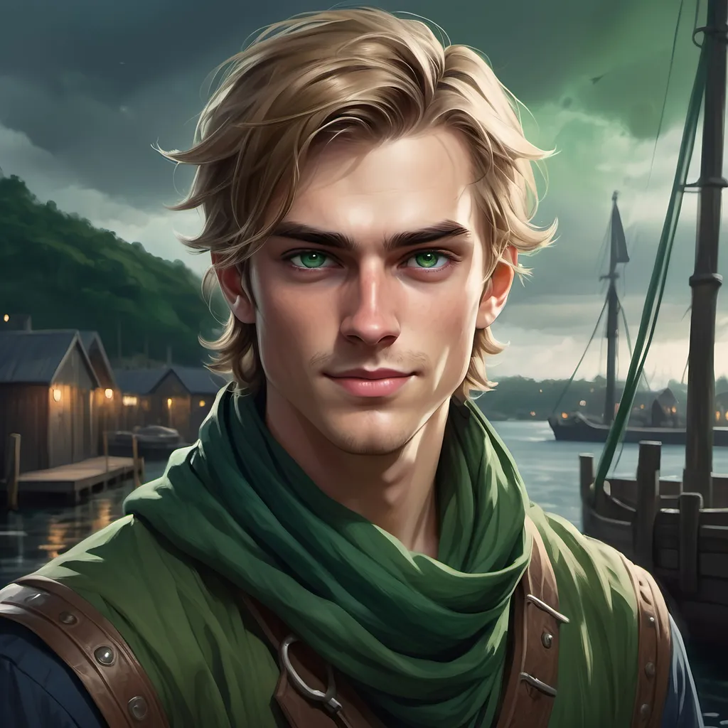 Prompt: Portrait of a young man, tall and confident with a smug grin, dark blonde hair tousled and falling into his face, tied in a ponytail at the back. He embodies a fantasy rogue in a worn dark green tunic paired with a dark blue scarf around his neck. His striking green eyes glimmer with mischief, set against a backdrop of a dock environment, with a sense of adventure in the air. 4K, ultra-detailed.