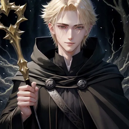 Prompt: Anime illustration of a young male wizard in black robes, detailed face, slim, tall, pretty, blonde hair, staff, dark forest background, detailed eyes, concerned, detailed face, femenine, heroic, smiling, atmospheric lighting, detailed, warm tones, highres, ultra-detailed, anime, fantasy, short hair, clean shaven