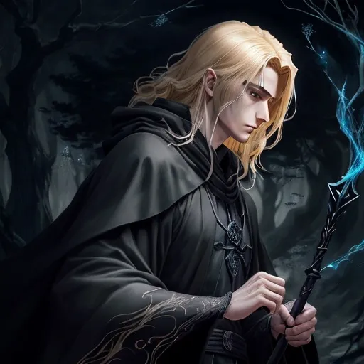 Prompt: Anime illustration of a male wizard in black robes, detailed face, slim, tall, pretty, blonde hair, staff, dark forest background, detailed eyes, concerned, detailed face, heroic, atmospheric lighting, detailed, warm tones, highres, ultra-detailed, anime, fantasy