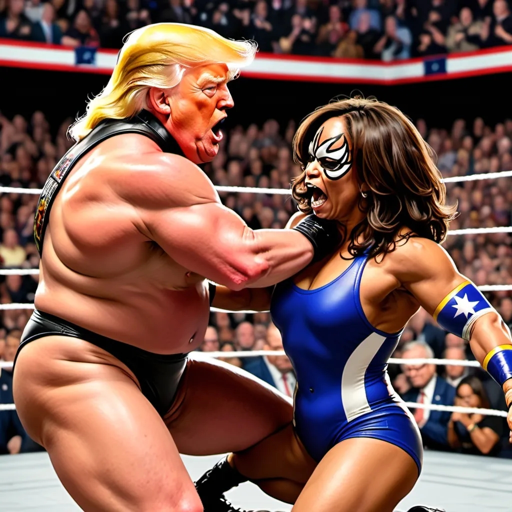 Prompt: kamala beating trump in a wrestling match