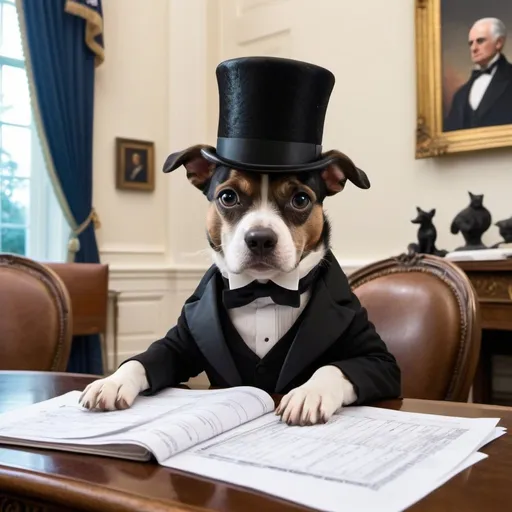 Prompt: Make a French dog having a tuxedo and a top hat doing taxes in the white house  with a monocle  thinking about a love