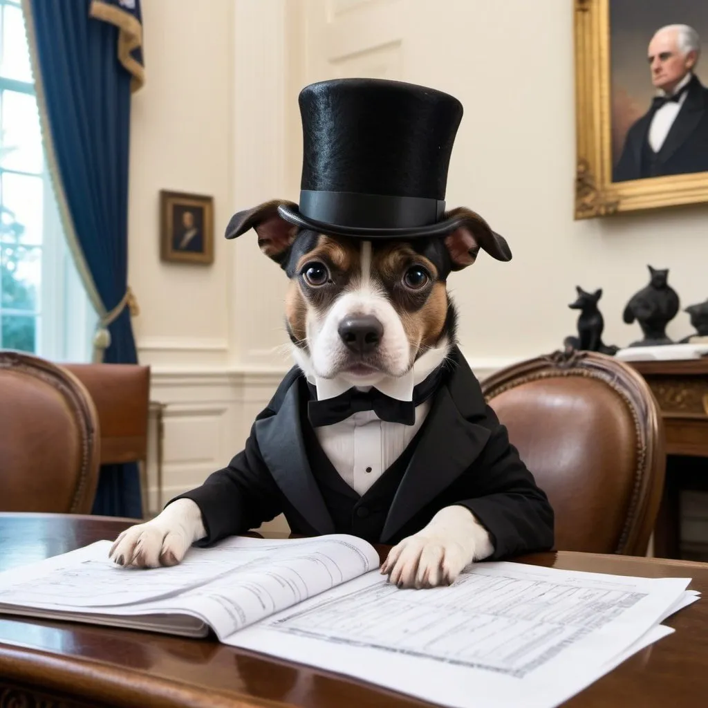 Prompt: Make a French dog having a tuxedo and a top hat doing taxes in the white house  with a monocle  thinking about a love