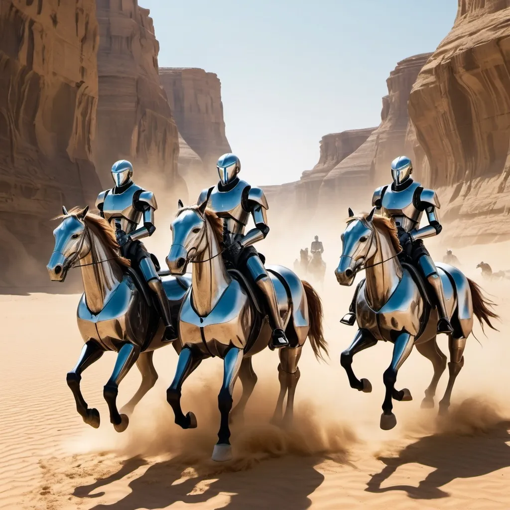 Prompt: Futuristic robot warriors galloping on real horses through a sandy desert wadi. The robots have sleek metallic bodies with glowing eyes, riding living, breathing horses. The wadi is a dry riverbed with towering sandstone cliffs on either side. The scene is set under a blazing sun with a few wispy clouds in the sky. The contrast between the organic horses and the metallic riders should be emphasized. The style is hyper-realistic with a touch of sci-fi elements.