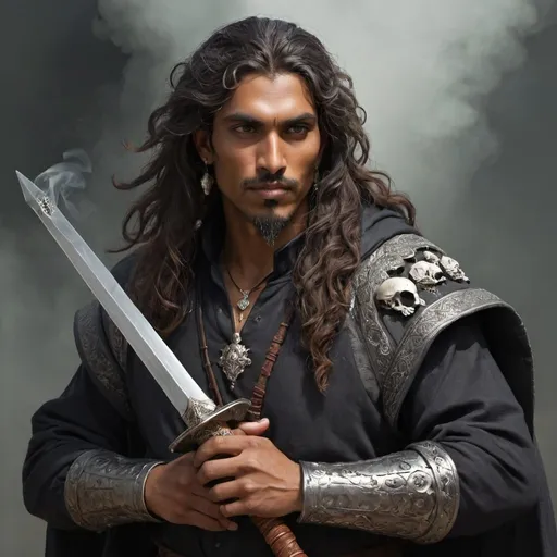 Prompt: Indian 6’1 human paladin who is mysterious and has a hood he doesn’t wear. very attractive with long curly flowing hair that he tucks behind his ears. he has a goatee. he has a long sword and a longbow and a dagger and he wears darker clothes. he has an amulet that references his dark past and he has a pipe that blows smoke that looks like skulls. he smokes out of this pipe