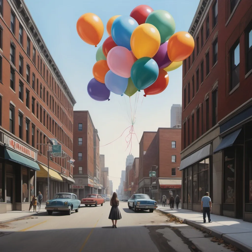 Prompt: A dreamy photorealist scene; balloons, urban
