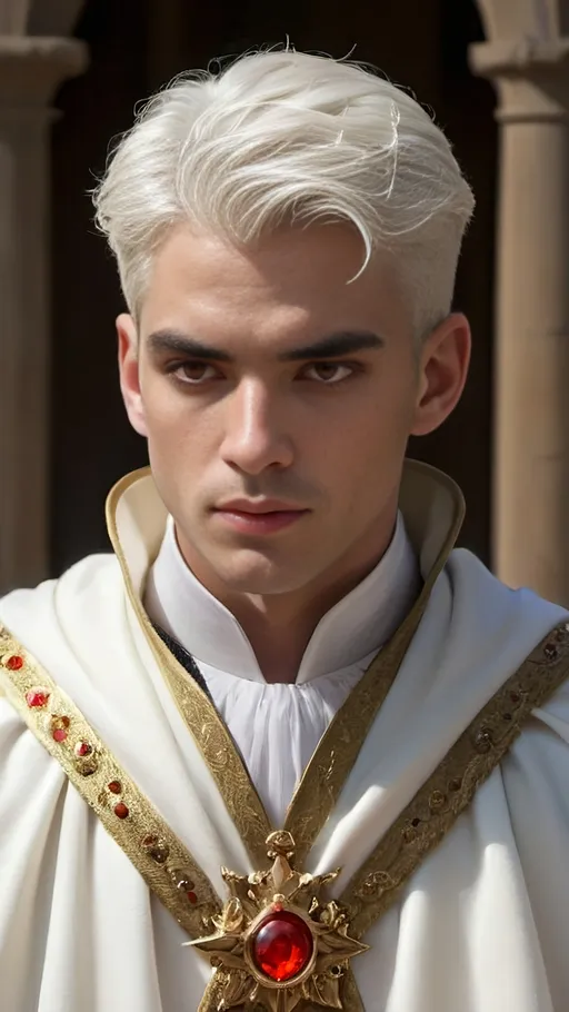Prompt: \"A close-up photo of a handsome prince with short hair, white hair, glowing red eyes, wearing a kings robe, in hyperrealistic detail, with a slight hint of disgust in his eyes. His face is the center of attention, with a sense of allure and mystery that draws the viewer in, but his eyes are also slightly downcast, as if a sense of disgust is lingering in his thoughts. The detailing of his face is stunning, with every pore, freckle, and line rendered in vivid detail, but the image also captures the subtle emotions of disgust that might lie beneath his surface."