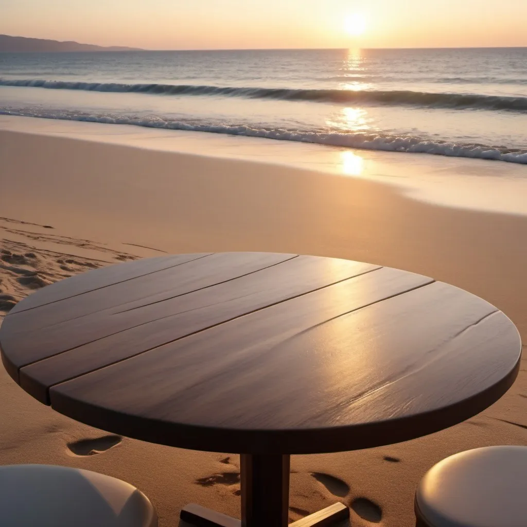 Prompt: (mesmerizing empty table), wide shot, overlooking a stunning seascape, golden sand beach at twilight, soft waves gently lapping at the shore, , tranquil and serene atmosphere, rich textures of the table contrasting with smooth sand, 4K resolution, ultra-detailed rendition for a captivating ambiance.The shot should be like im looking the table from up