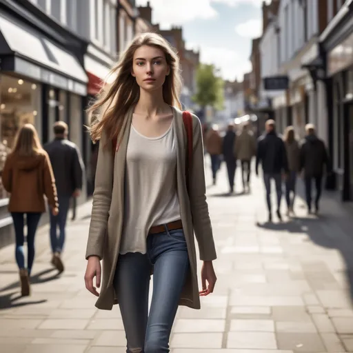 Prompt: Tall young woman walking down the high street, detailed clothing, realistic, natural lighting