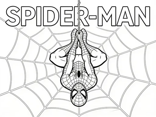 Prompt: spider-man hanging upside down from a web with spider man spelled out on top of page with bold letters leave the letters blank this is a coloring page by the way