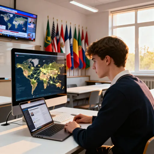 Prompt: “Student of International Relations sitting in front of computer, reading world map with glowing lines, flags of many countries behind, modern classroom, soft light, realistic photo.”