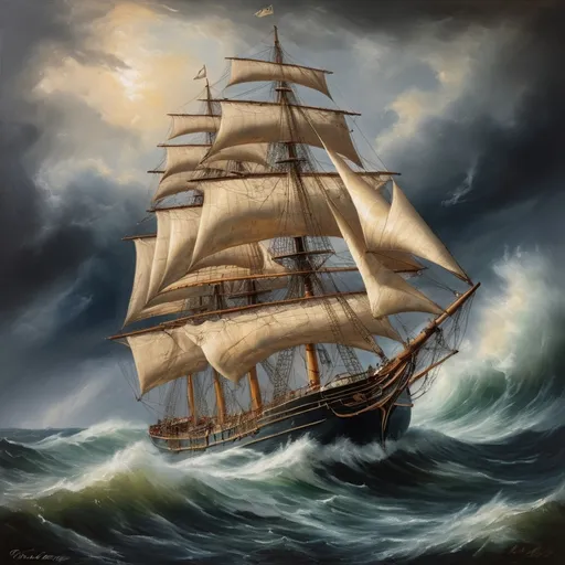 Prompt: 1800's oil painting of a majestic sailing ship, stormy seas, realistic brushstrokes, dramatic lighting, rich colors, high quality, detailed waves, historical theme, traditional art style, realistic, dramatic, stormy seas, old-fashioned, textured canvas