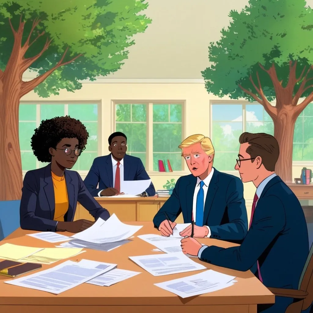 Prompt: At home with trees in the background. In the foreground, a hopeful candidate sits at a desk with papers, surrounded by two friends. Make the people all black.