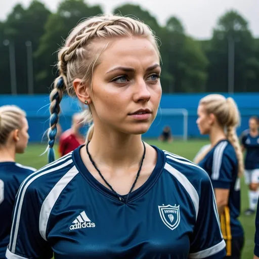 Prompt: A group of young attractive adult viking blonde haired woman, braided hair, tatoo, viking necklace, wearing dark blue tight fit shiny satin adidas sportswear, on a soccer field, with football, playing a game, detailed face, sunshine, rain, clothing is wet, woman are sweating