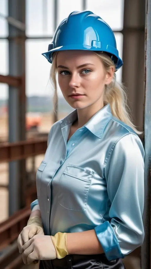 Prompt: a blond fair skinned 22 year old scandinavian woman in workwear of shiny satin spandex, wearing a hard hat and safety boots, light blue shiny satin blouse with rolled up sleeves, working on an industrial construction site, installing windows