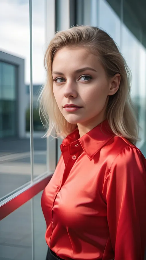 Prompt: a very beautiful fair skinned scandinavian young fit woman, Instagram model, 80's hairstyle, wearing a red collared shiny satin blouse, standing in front of a modern glass door, glass facade, office building, perfect lighting, high detail, professional quality photo, large field of view lens,