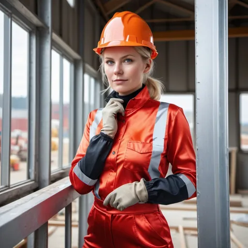 Prompt: a blond fair skinned scandinavian woman in workwear of shiny satin spandex, detailed eyers, detailed face, wearing a hard hat and safety boots, safety gloves, red satin blouse, working on an industrial construction site, installing aluminum framed facade windows, HD, professional photo, sunshine