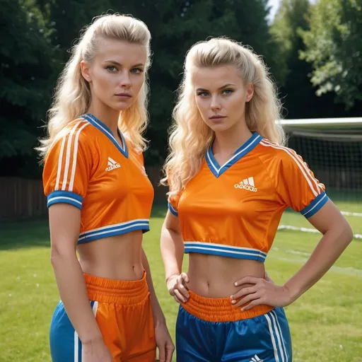 Prompt: scandinavian viking fitness models, 21 years old, in a Retro 80's soccer game in the backyard, adidas shiny nylon polyamide outfits, high quality, 80's fashion, detailed hairstyles, energetic poses, high speed action, classic sports vibe, sunny, backyard setting, professional lighting, fun and dynamic, vivid colors, detailed facial expressions, classic sports fashion, masterpiece, photorealistic, super HD, Ultra HD, extreme detail