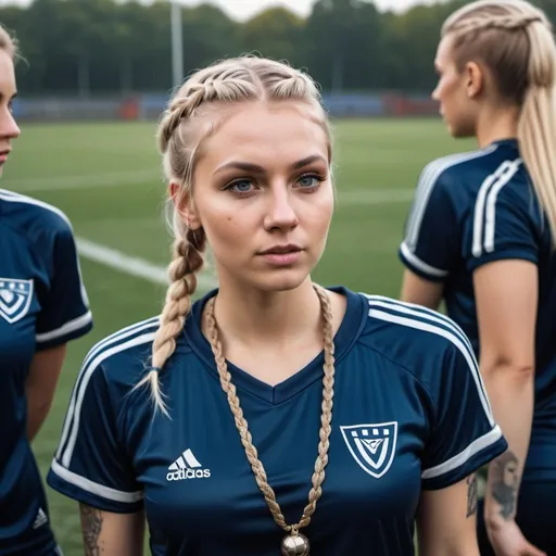 Prompt: A group of young attractive adult viking blonde haired woman, braided hair, tatoo, viking necklace, wearing dark blue tight fit shiny satin adidas sportswear, on a soccer field, with football, playing a game, detailed face, sunshine, rain