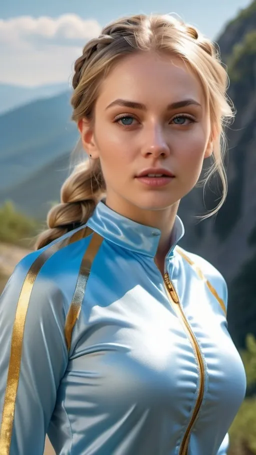 Prompt: A young attractive adult blonde haired woman, beautiful face, braided hair, wearing light blue tight fit  shiny satin high collar blouse with gold stripes front buttons open, sweatband, jogging, running on mountain trail
photorealistic, super high quality, masterpiece, sunshine, side view,  complete body in picture