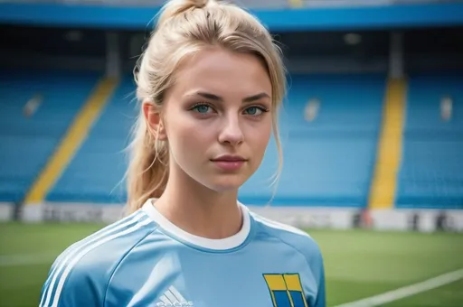 Prompt: fit, beautiful Swedish girl, light blue satin retro adidas football soccer shorts, highres, detailed, realistic, vibrant colors, sporty, athletic, detailed facial features, , professional, outdoor, sunny, beautiful nose